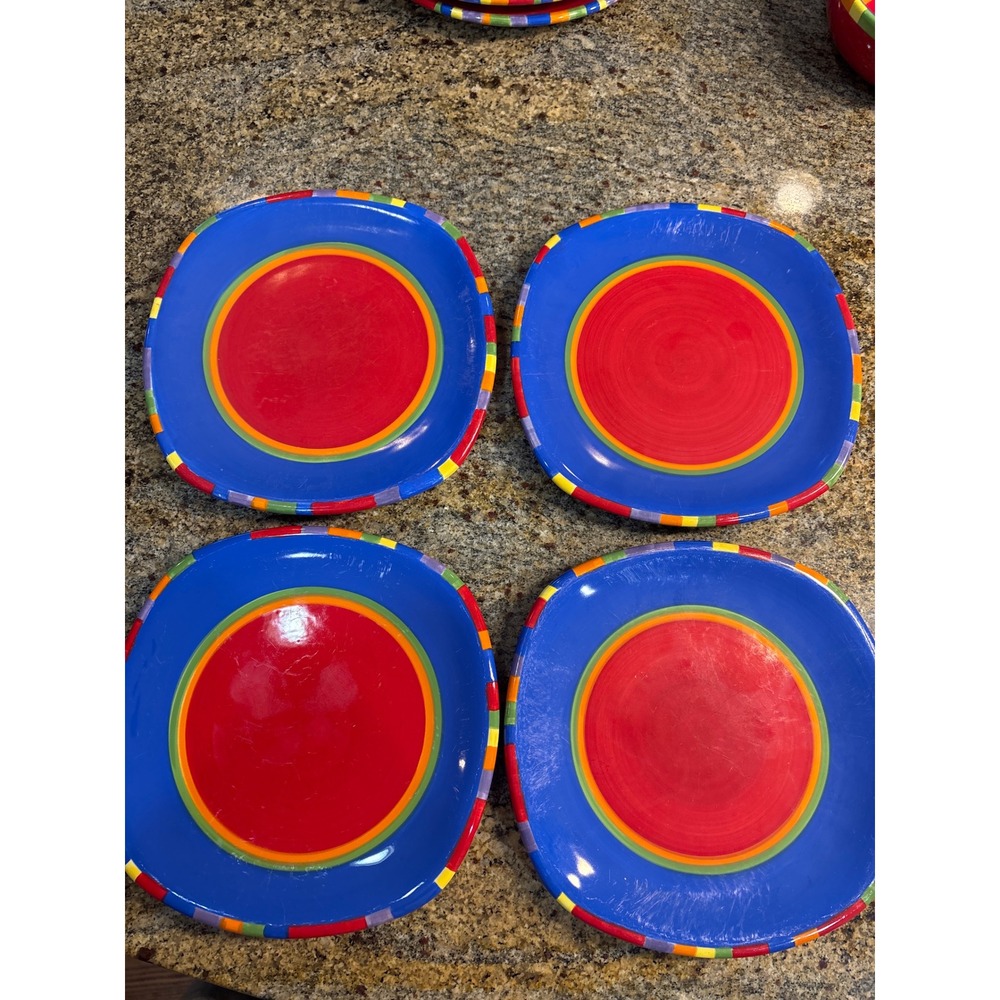 8 Dansk Caribe Antigua Striped Plates Set of 4 Dinner 4 Salad Blue Red Ceramic - Picture 3 of 8